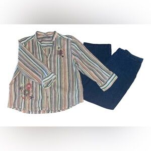 ALFRED DUNNER PETITE Two Piece Button Down Blouse & Ankle Denim Jeans 12P & 14P